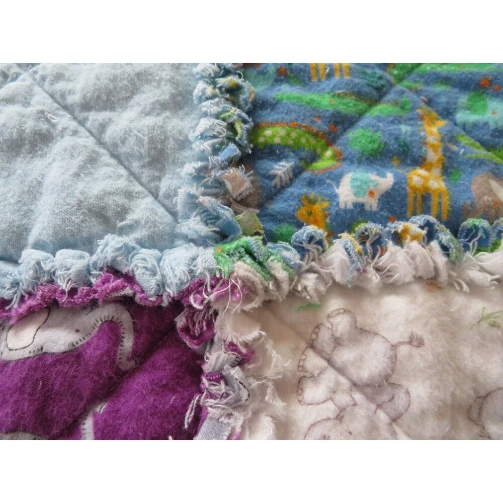 Flannel Rag Quilt With Batting 43 x 43,  Elephants, Zebras, and Jungle Animals